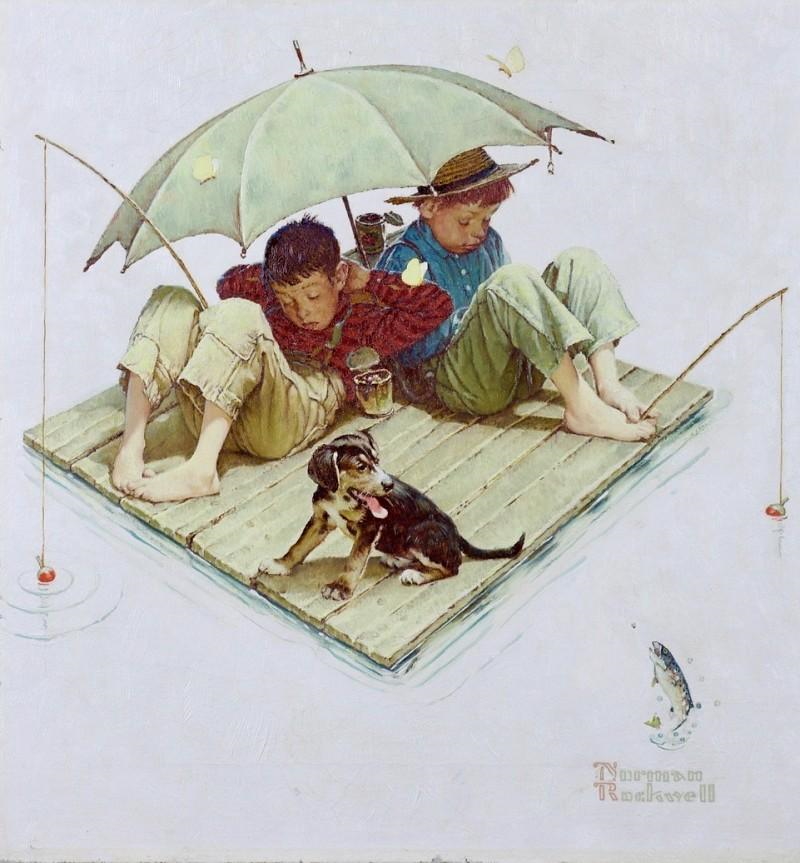 Norman Rockwell Original Painting Me and My Pal Fishing Raft 1954