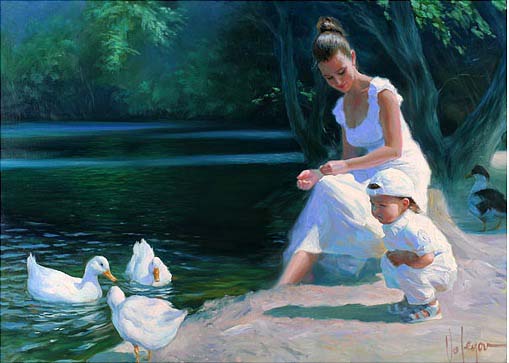 Feeding Ducks Original Painting by Vladimir Volegov