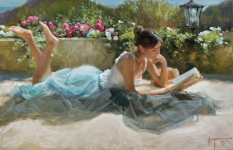 Original Painting, Reading on the Terrace by Vladimir Volegov