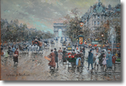 Arc de Triomphe et Rond Point des Champs Elysees en 1900, Original Painting by Antoine Blanchard