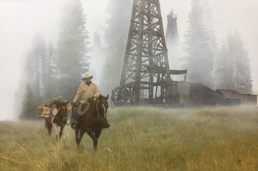 Foggy Morning by John Bye painting of a cowboy