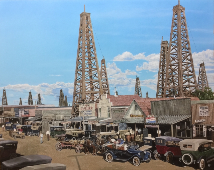 Texas Oil Town by John Bye painting of a cowboy