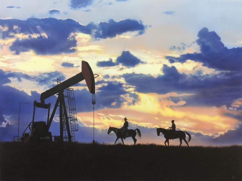 Sunset Ranching by John Bye painting of a cowboy