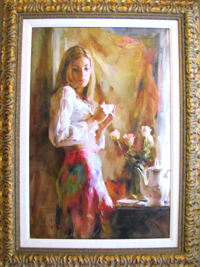 Original Painting, Morning Coffee with Tea Roses by Michael & Inessa Garmash