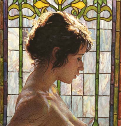 Original Painting, By the Light of the Stained Glass by Steve Hanks