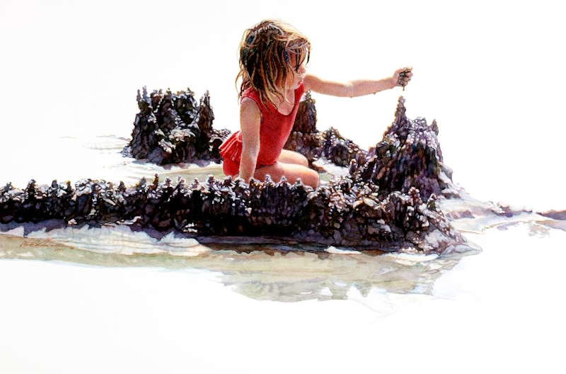 Original Painting, Busy Building on the Beach by Steve Hanks