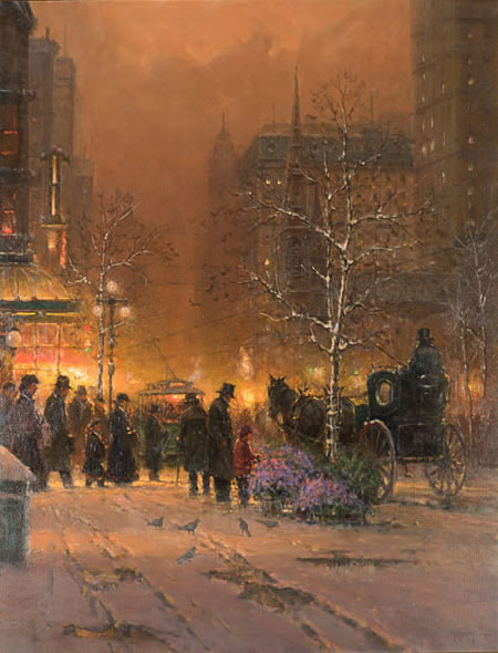 Original Painting, Evening on the Avenue New York City by G. Harvey