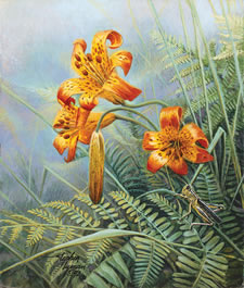 Original Painting, Tiger Lilies and Grasshopper by Stephen Lyman