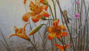 Original Painting, Nature's Window, Tiger Lilies and Grasshopper II by Stephen Lyman