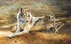 Original Painting, Mother Wolf and Cubs by Bonnie Marris