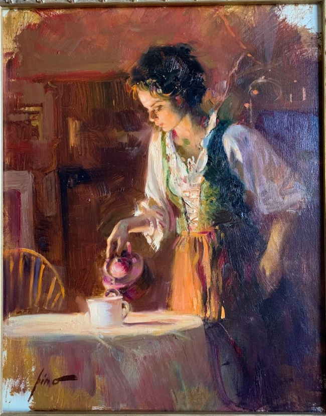 Original Painting, Girl with a Teapot by Pino