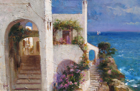 Original Painting, Stairway By The Sea by Pino