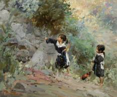 Original Painting, Yao Sisters Picking Flowers by Mian Situ