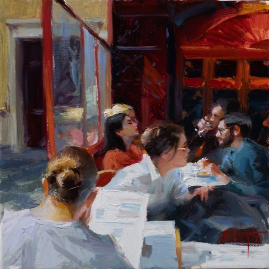 In the Red Restaurant Original Painting by Vladimir Volegov