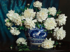 Original Painting, Peonies in a Blue and White Urn by Evan Wilson