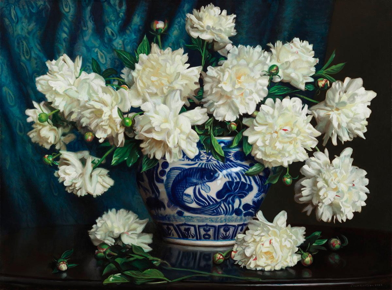 Original Painting, Peonies in a Blue and White Urn
 by Evan Wilson